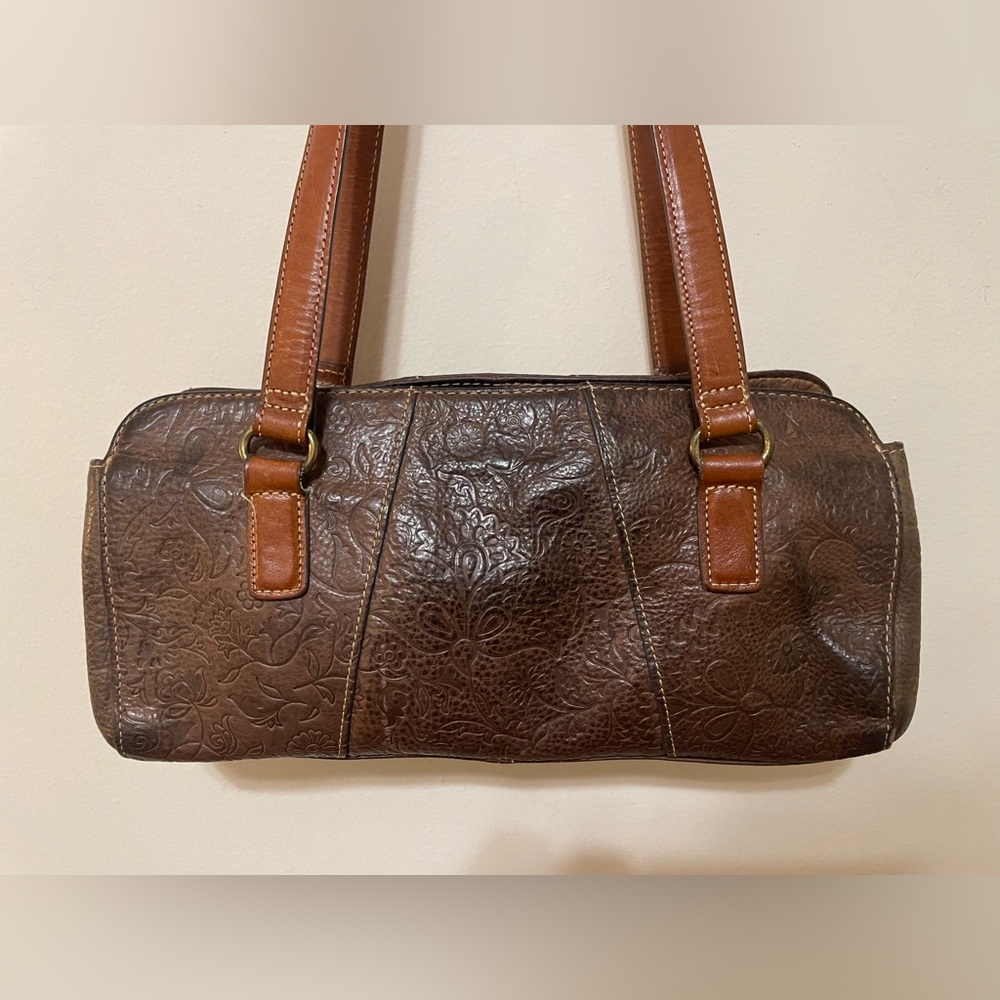 Tooled leather fossil shoulder bag